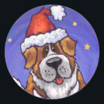 Sticker Rond St. Bernard Christmas<br><div class="desc">Animaux Parade Festive Saint Bernard Chien Cadeaux de Noël et accessoires vous apportés par Imagine That! Le design présente l'art original d'un mignon chien marron et blanc St. Bernard décoré pour les vacances avec un chapeau de Père Noël rouge vif sur la tête et une couronne de saint vert festif...</div>