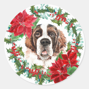 Sticker Rond St Bernard Poinsettia Holly Wreath de Noël