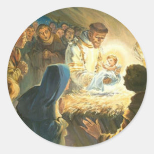 Sticker Rond St François avec bébé Jésus Noël Nativité cadeau d