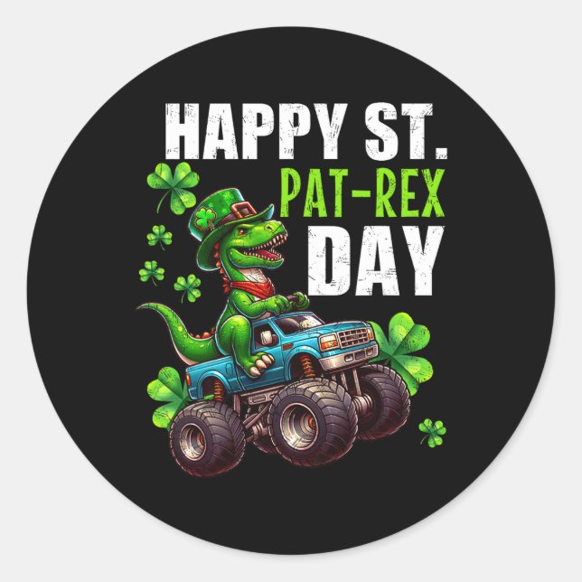 Sticker Rond St Patrick Day T-rex Monster Truck (Devant)