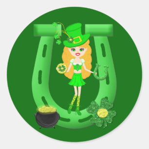 Sticker Rond St Patrick’s Day Blonde Girl Leprechaun
