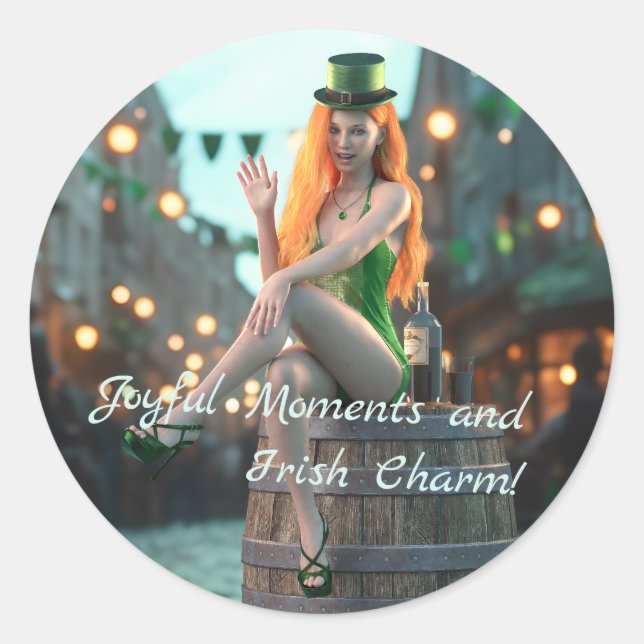 Sticker Rond St Patrick's Day Beauté assise sur un tonneau (Devant)