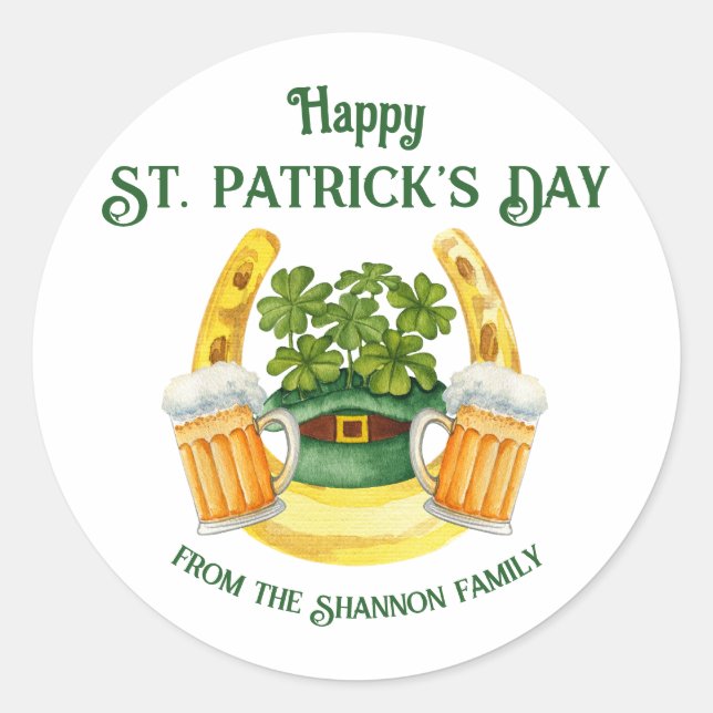 Sticker Rond St. Patrick's Day Beer Mugs et Lucky Horseshoe (Devant)