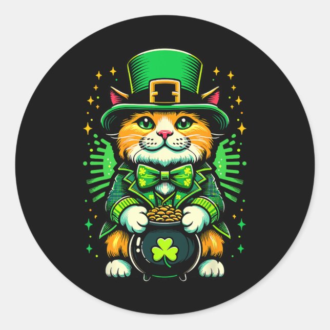 Sticker Rond St Patrick's Day Chat Leprechaun Chat Shamrock irl (Devant)