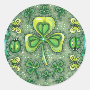 STICKER ROND ST. PATRICK'S DAY FOLK ART SHAMROCKS N'LADYBUGS