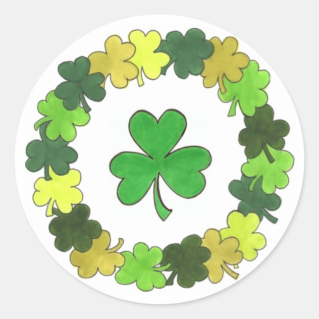Sticker Rond St. Patrick's Day Green Shamrock Clover Wreath (Devant)