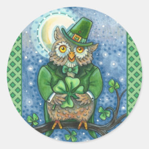 STICKER ROND ST. PATRICK'S DAY OWL, 4 HORLOGE LEPRECHAUN