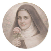 St. Therese of Lisieux holding pink rose