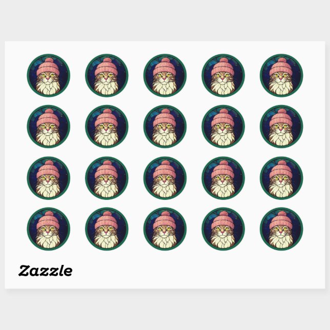 Sticker Rond Stained-Glass Christmas Tabby Cat In Pink Cap (Feuille)