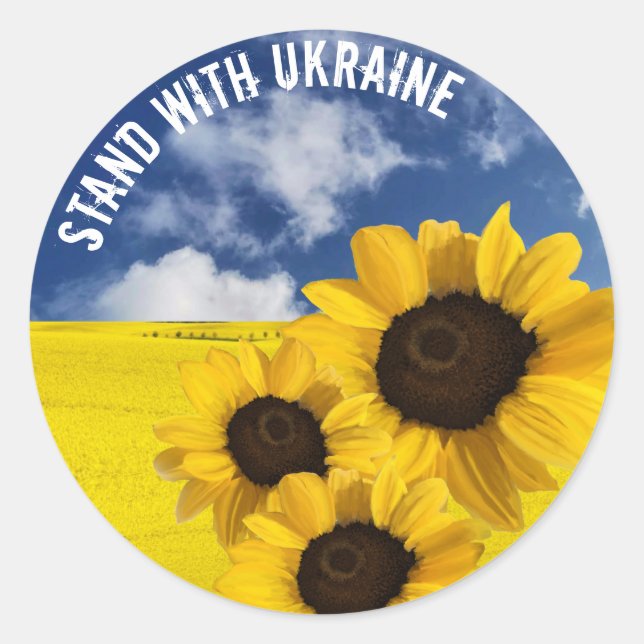 Sticker Rond Stand avec Ukraine jaune et bleu avec tournesol (Devant)