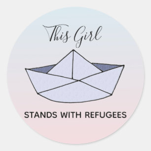 Sticker Rond Stand With Refugees Ombre Doodle Paper Boat & Name