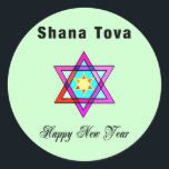 Sticker Rond Star juive Shana Tova<br><div class="desc">Le Shana Tova Jewish Star est décoré de vitraux de style hébraïque Star de David et de salutations ensoleillées pour une Bonne Année.</div>