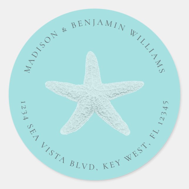 Sticker Rond Starfish Beach Family Return Adresse Blue Classic (Devant)
