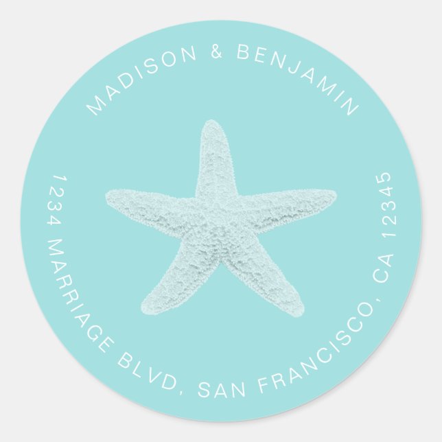 Sticker Rond Starfish Beach Mariage Retour Adresse Bleu (Devant)