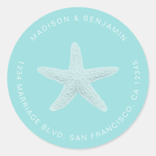 Sticker Rond Starfish Beach Mariage Retour Adresse Bleu