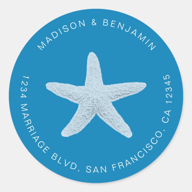 Sticker Rond Starfish Beach Mariage Retour Adresse Bleu (Devant)