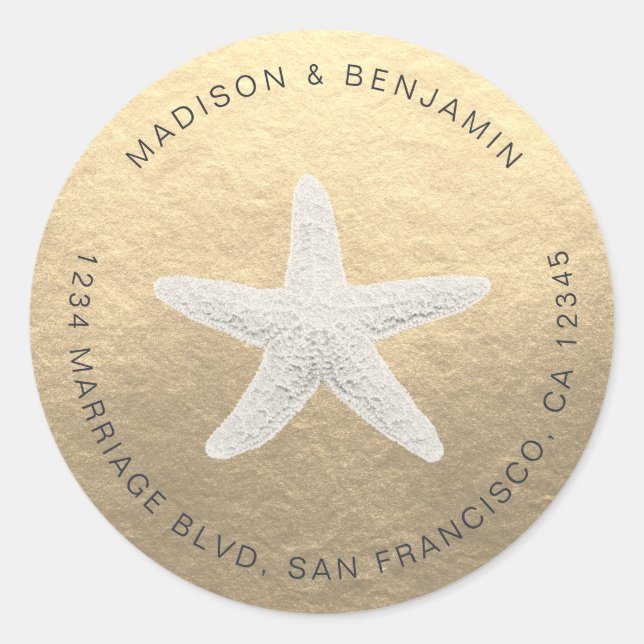 Sticker Rond Starfish Beach Wedding Adresse de retour Gold (Devant)
