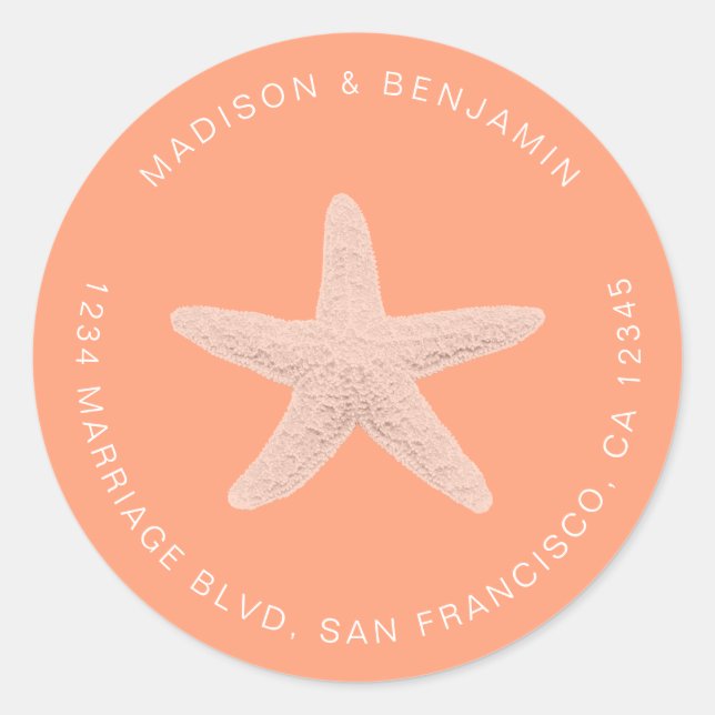 Sticker Rond Starfish Beach Wedding Return Adresse Orange (Devant)