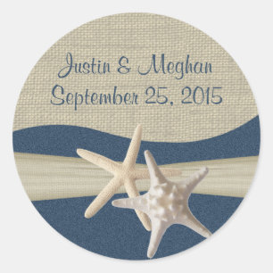 Sticker Rond Starfish & Burlap Navy Blue Beach