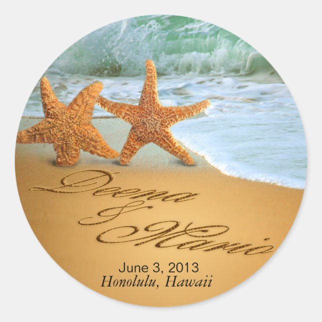 Sticker Rond Starfish Couple ASK ME TO PUT NAMES IN THE SAND (Devant)