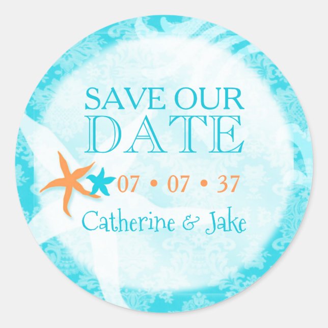 Sticker Rond Starfish Dream Beach Wedding Sauvez la date (Devant)