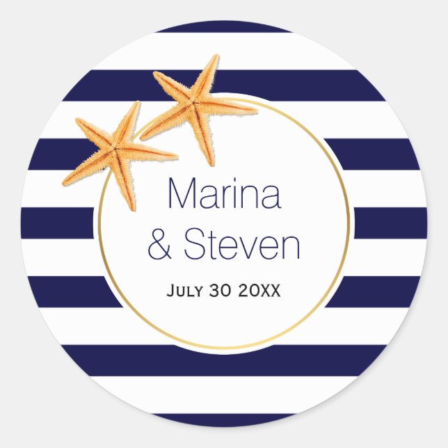 Sticker Rond Starfish et rayures marine bleu plage mariage (Devant)