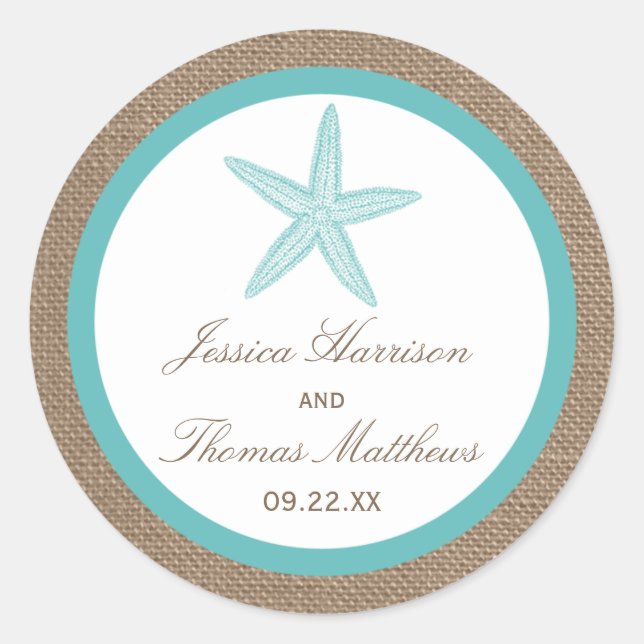 Sticker Rond Starfish Turquoise Burlap Beach Wedding Collection (Devant)