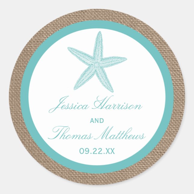 Sticker Rond Starfish Turquoise Burlap Beach Wedding Collection (Devant)