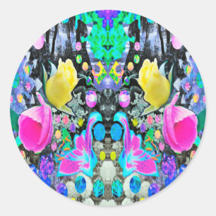 Sticker Rond Stargazer Lily, Rose et le collage d'hibiscus rose
