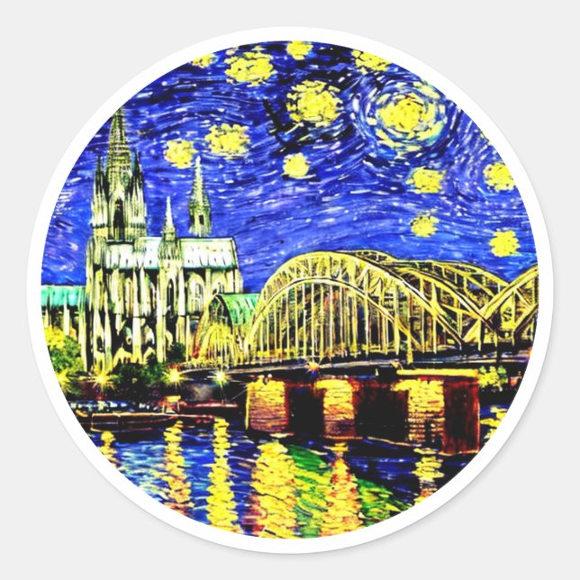 Sticker Rond Starry Night Cologne Allemagne Cathédrale (Devant)