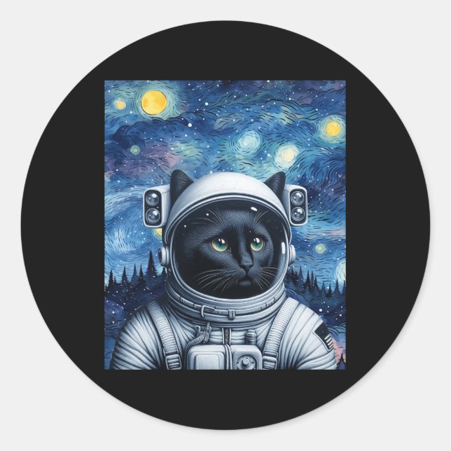 Sticker Rond Starry Night Cosmic Cat Astronaut Art (Devant)