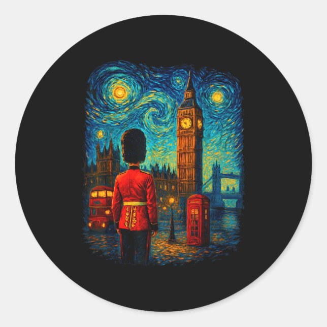 Sticker Rond Starry Night London Red Telephone Box Queen's Guar (Devant)