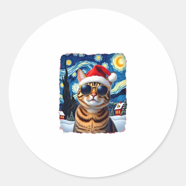 Sticker Rond Starry Night Orange Tabby Cat Christmas (Devant)