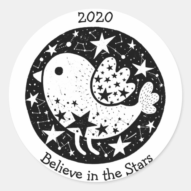 Sticker Rond Stars & Constellations Cute Bird Flying B/W (Devant)
