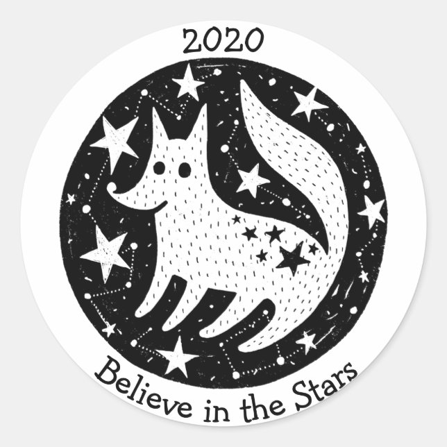 Sticker Rond Stars & Constellations Friendly White Dog Wolf B/W (Devant)