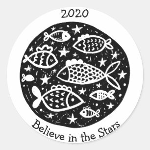 Sticker Rond Stars & Constellations Poissons Pêche B/W