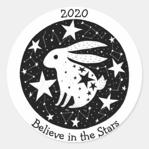 Sticker Rond Stars & Constellations Starry Bunny Rabbit B/W