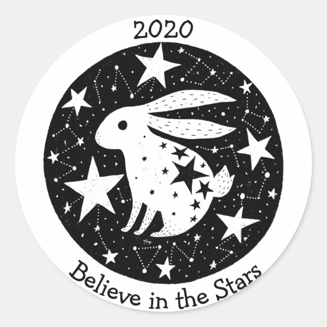 Sticker Rond Stars & Constellations Starry Bunny Rabbit B/W (Devant)