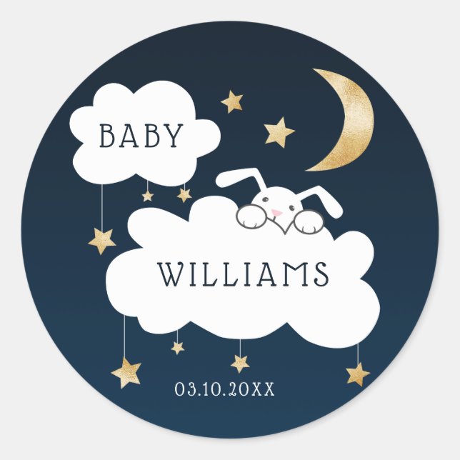 Sticker Rond Stars Moon Bunny Baby shower de la Marine (Devant)