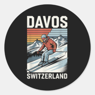Sticker Rond Station de ski Retro Davos Suisse, Ski Alpin