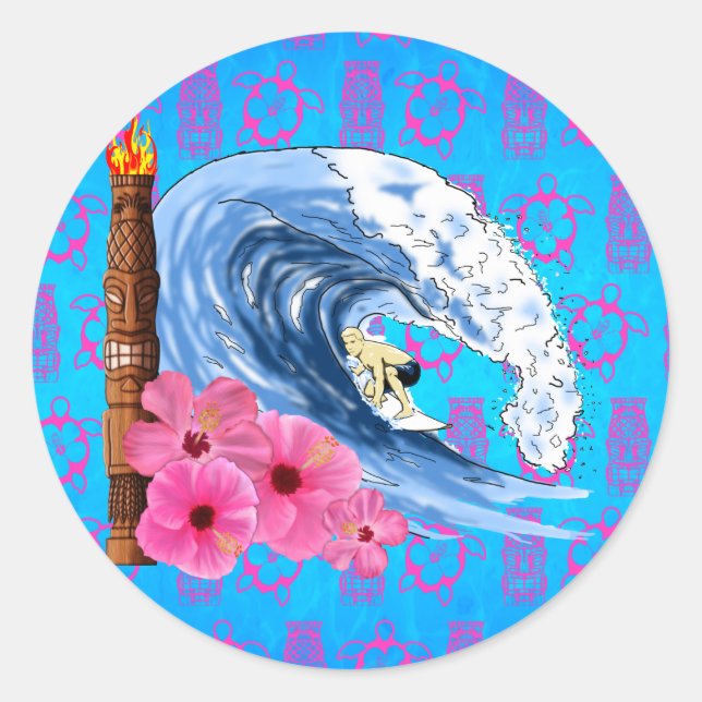 Sticker Rond Statue De Surfer Et Tiki (Devant)