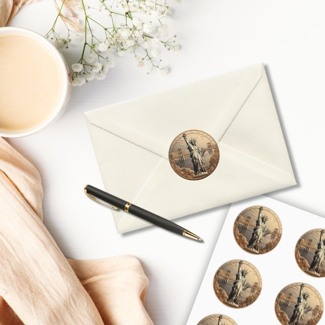 Sticker Rond Statue d'or de Liberty Enveloppe Sceau Patriot (Statue of Liberty Gold Coin Envelope Seal Sticker)