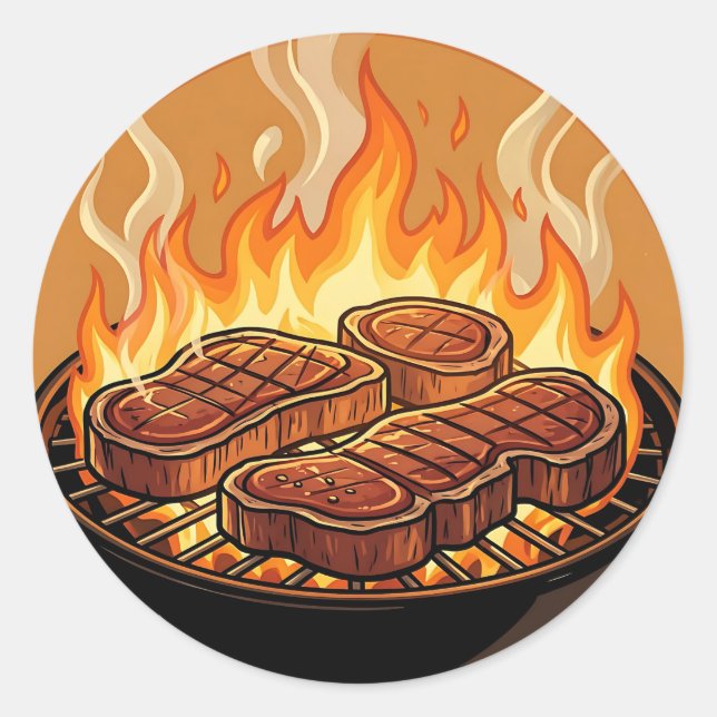 Sticker Rond Steaks grillés flammes BBQ (Devant)