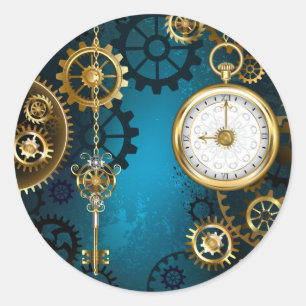 Sticker Rond Steampunk Arrière - plan turquoise avec Gears