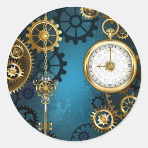 Sticker Rond Steampunk Arrière - plan turquoise avec Gears