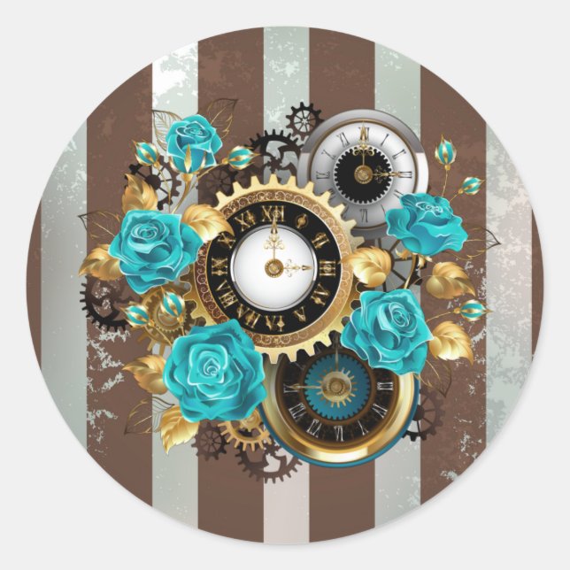 Sticker Rond Steampunk Clock and Turquoise Roses on Striped (Devant)