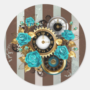 Sticker Rond Steampunk Clock and Turquoise Roses on Striped