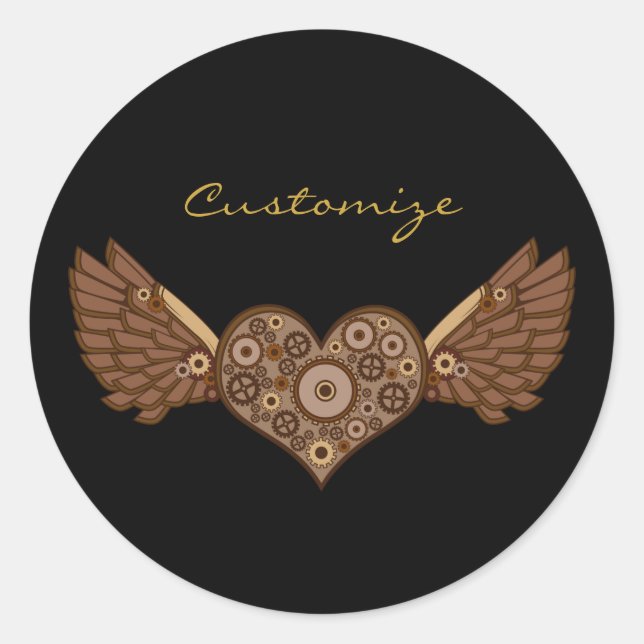 Sticker Rond Steampunk Coeur ailé avec engrenages Thunder_Cove (Devant)