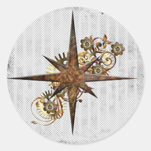 Sticker Rond Steampunk Compass Star Grunge