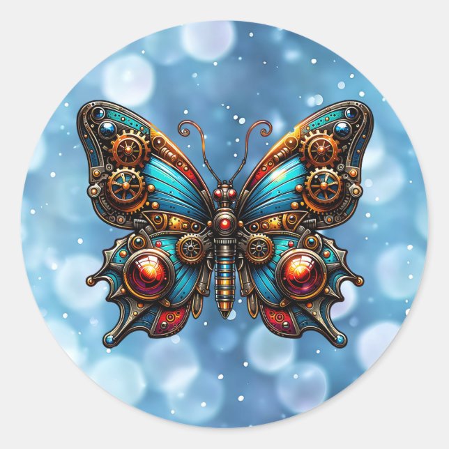 Sticker Rond Steampunk Cuivre Métal engrenages Papillon (Devant)